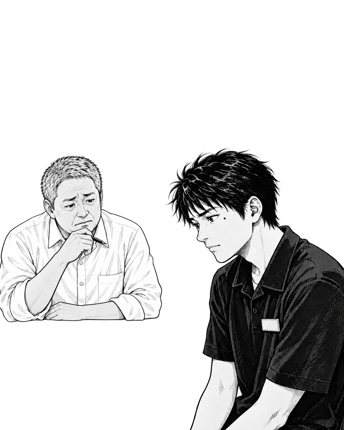 前職のバックヤードで、蓮が上司に営業への応募を相談する。