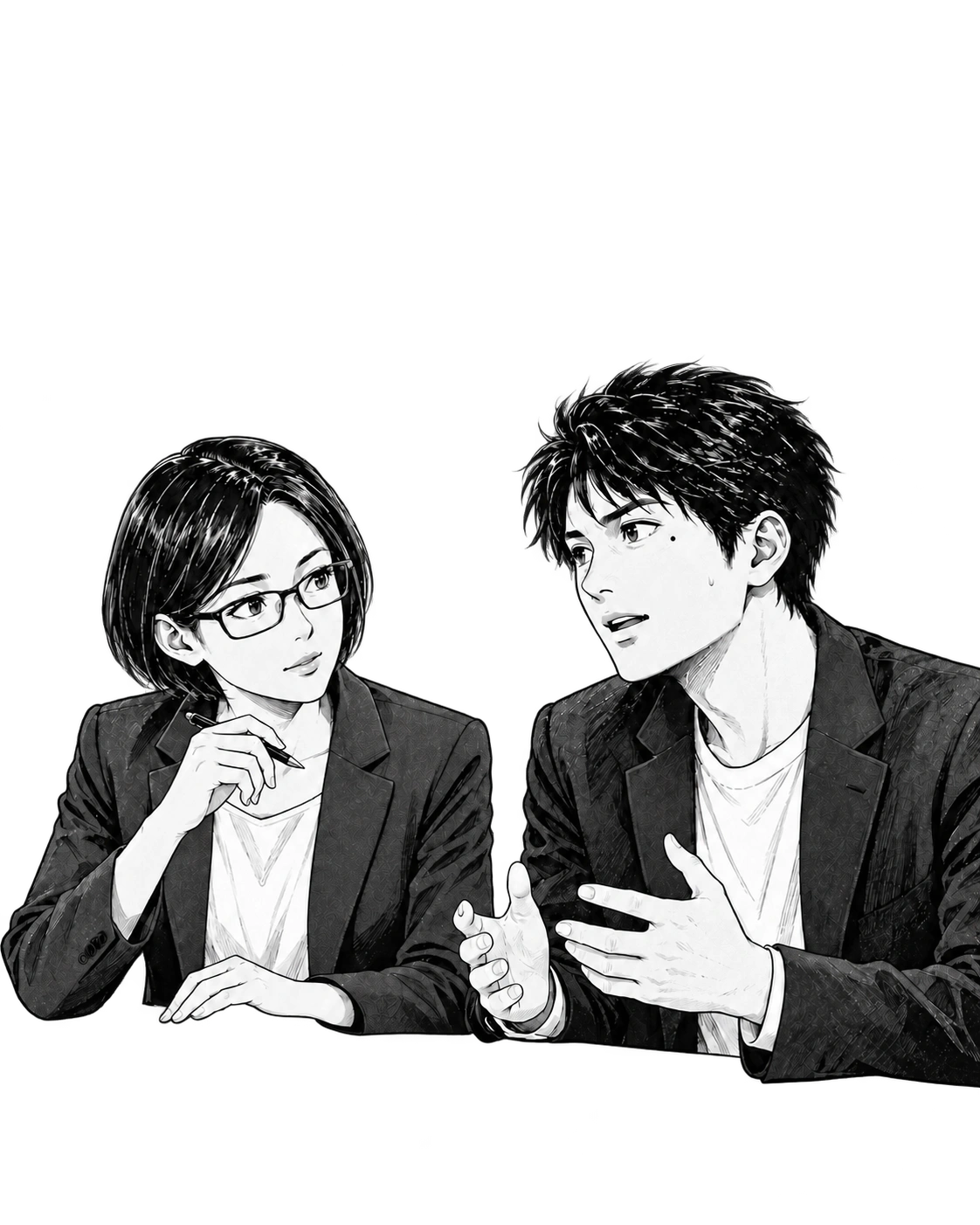 OMNIAの紗江と並んで資料を見ながら、販売経験について話す蓮。