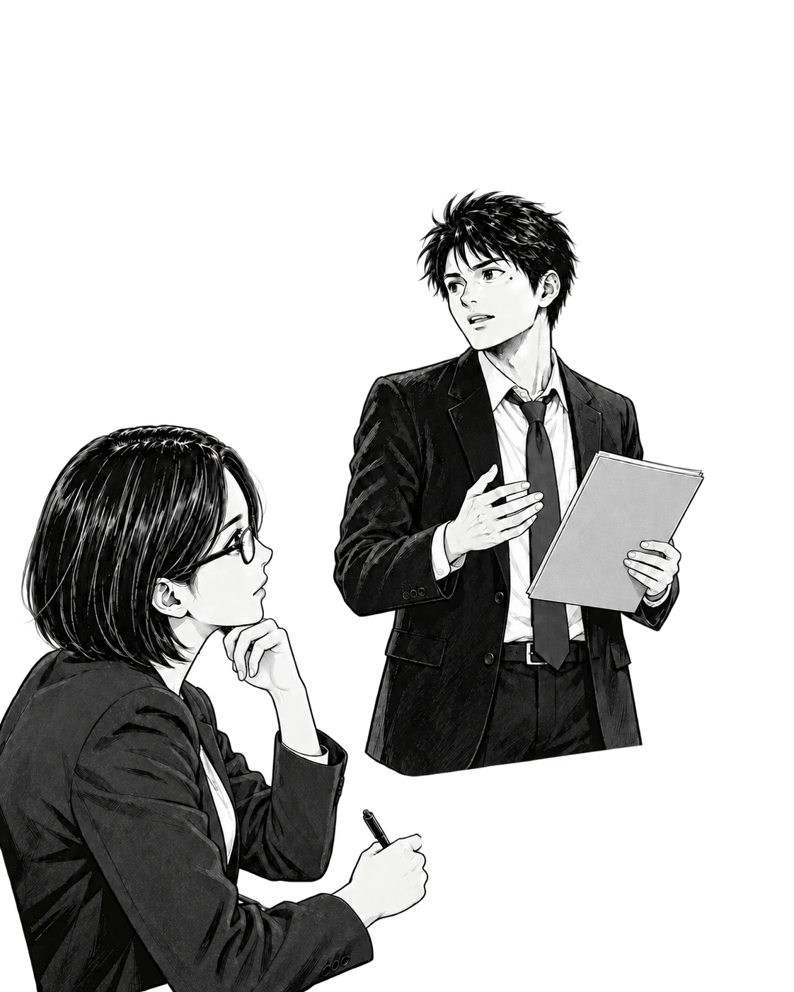 立って提案を説明する蓮と、取引先の店長役で聞く紗江。