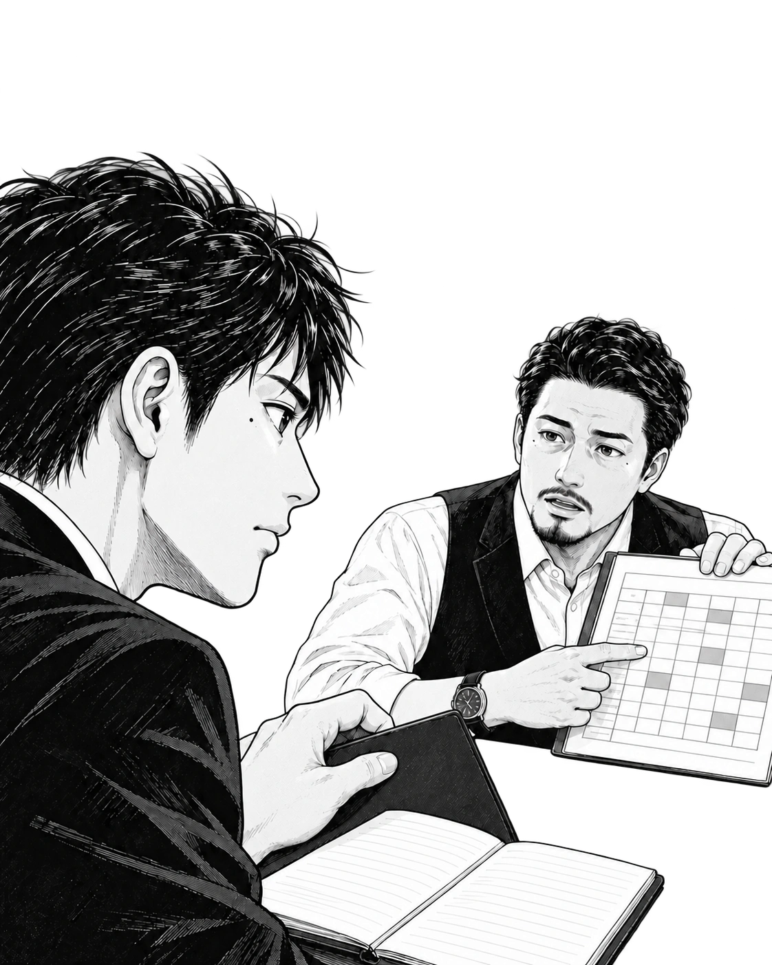 シフト表を前に悩みを話す水野。蓮はノートを開き、現場の様子を尋ねる。