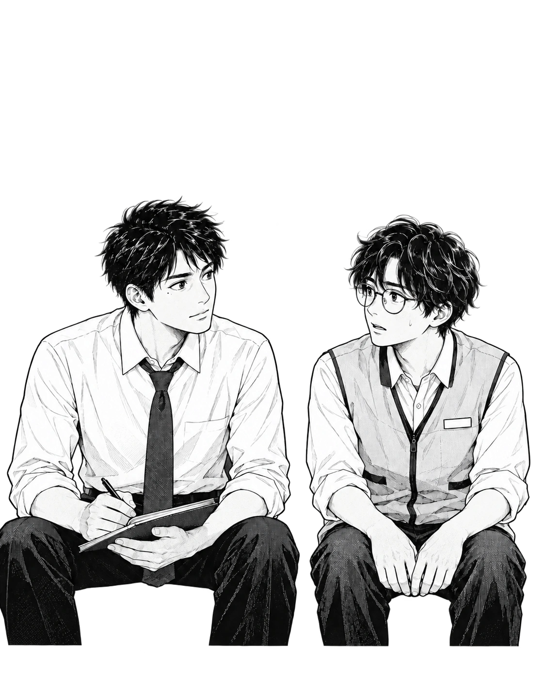 休憩室の椅子で、晴が困りごとを話し、蓮が同じ目線で耳を傾ける。