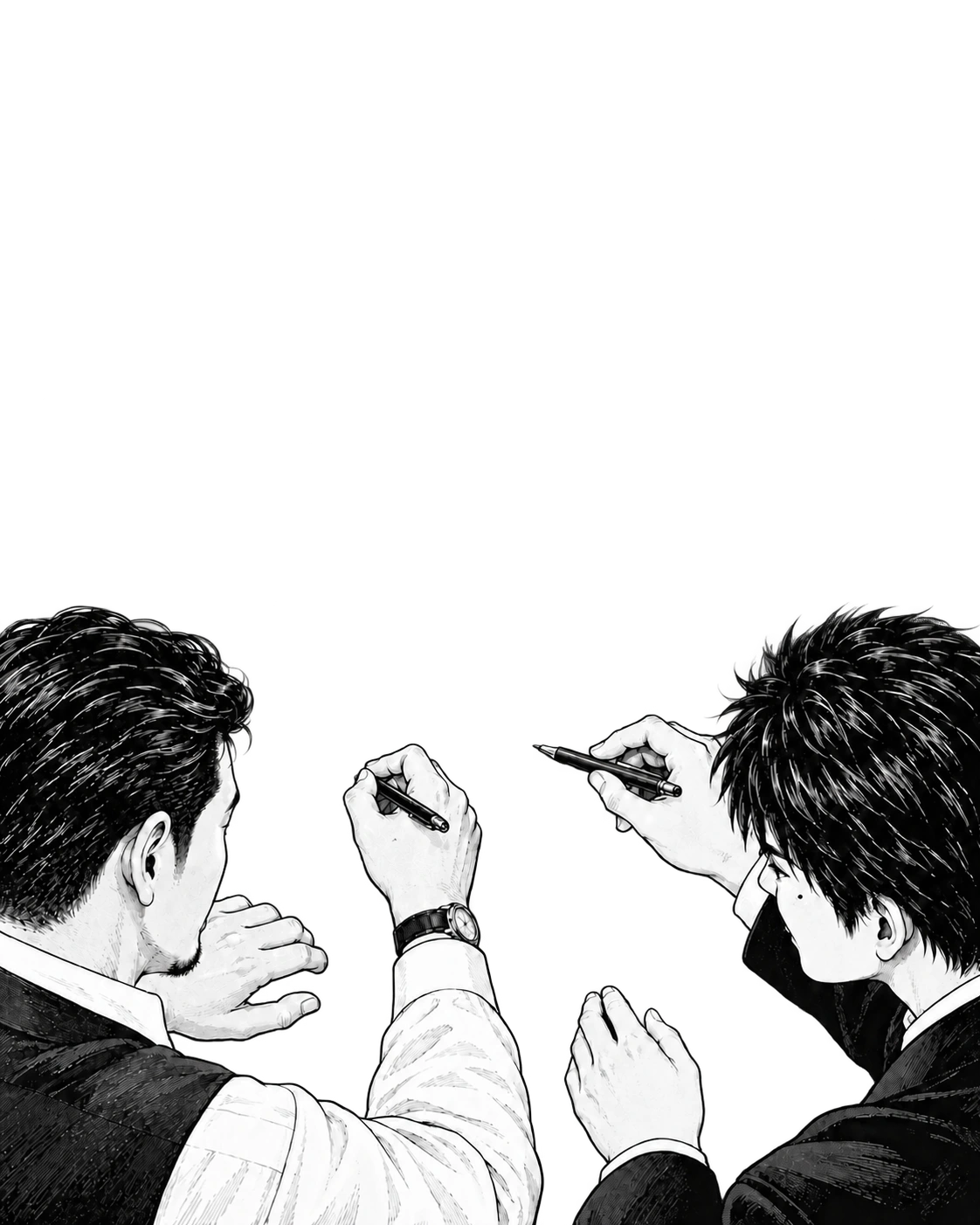 蓮と水野が同じシフト表を見て、新人の質問先を相談する。