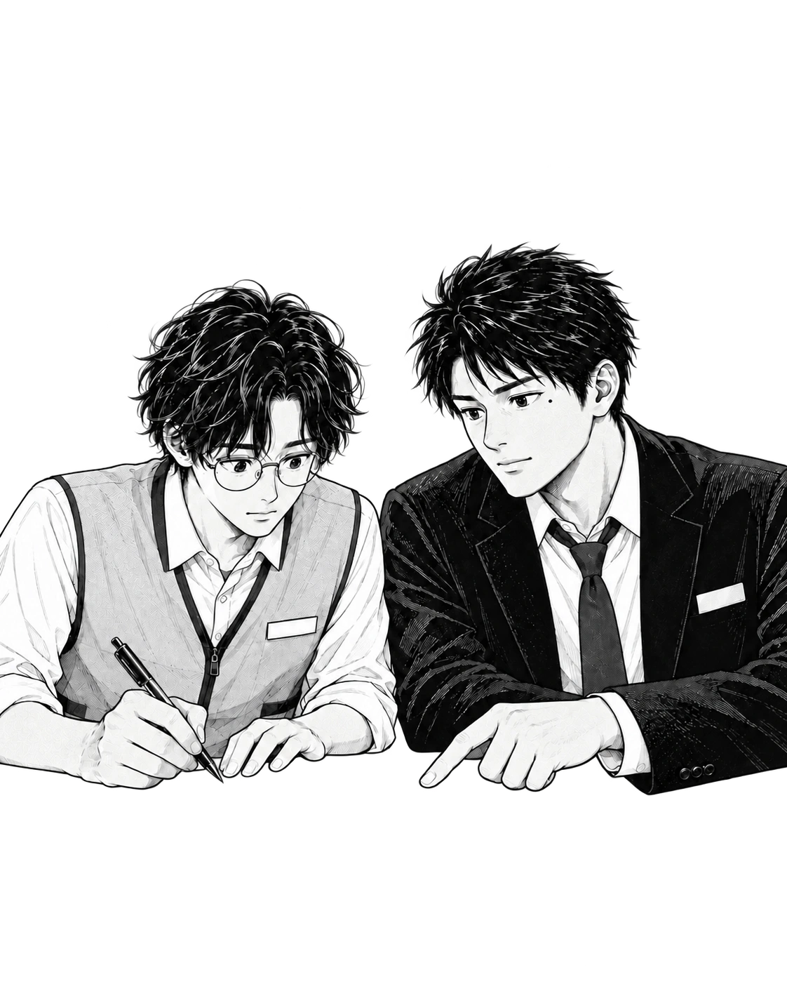 隣に座ってノートを開き、商談同行と引き継ぎを準備する蓮と晴。