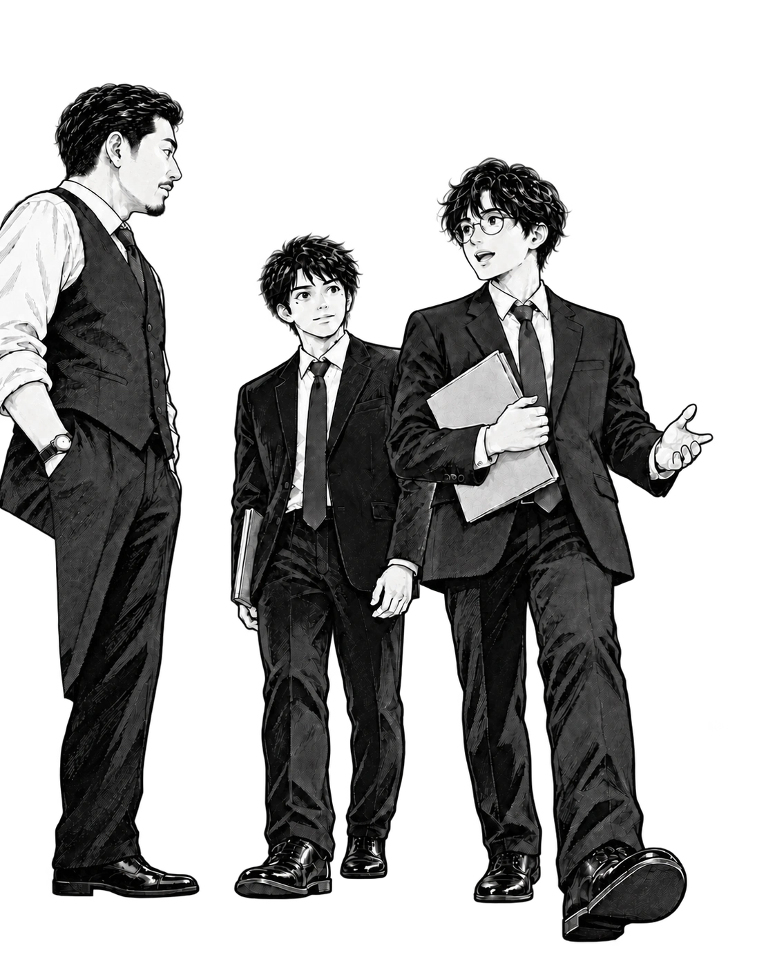 取引先で一歩前へ出て話す晴。蓮は半歩後ろから見守っている。